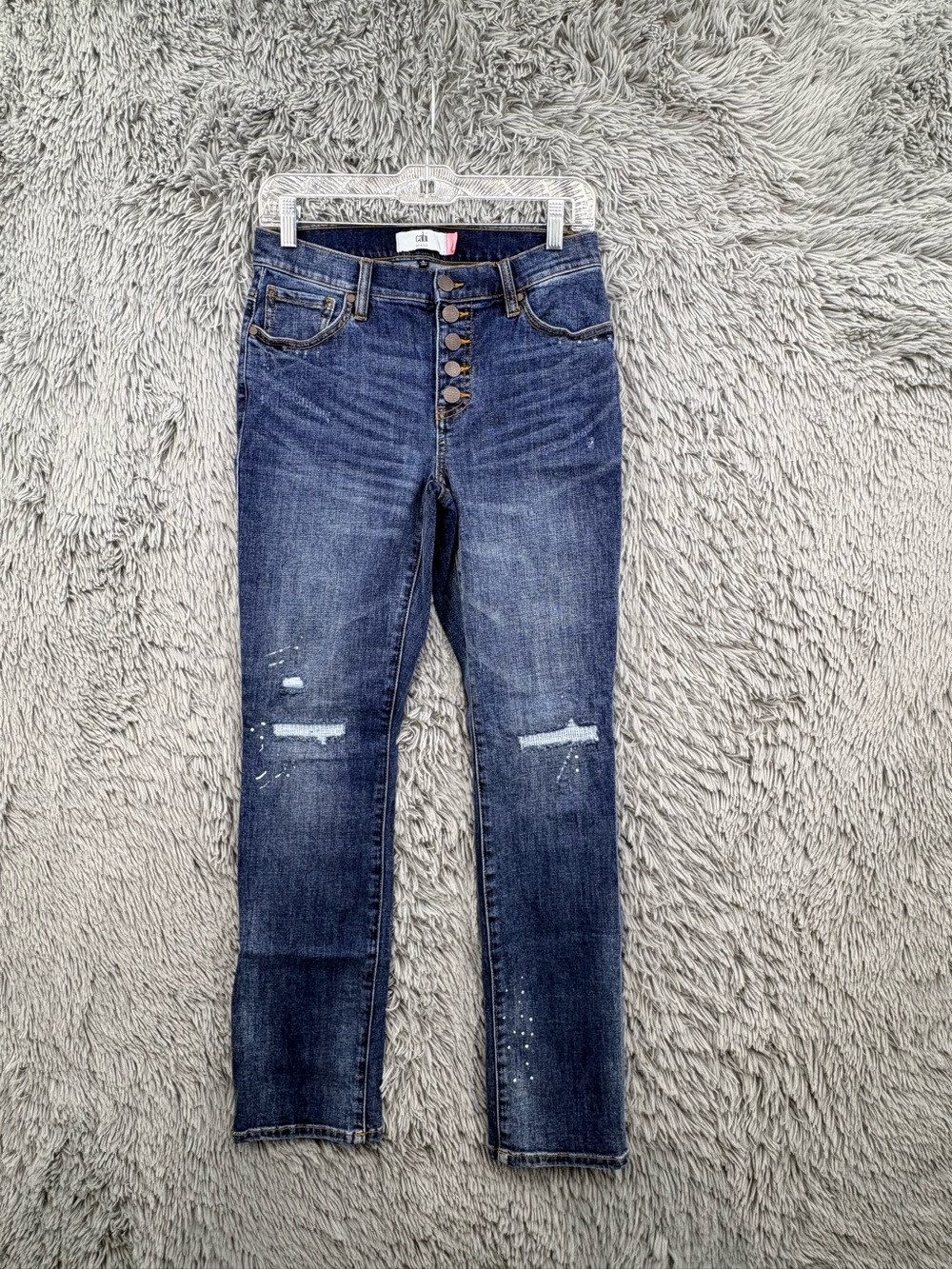 Cabi Button Fly Jeans Womens 4 Straight Leg Blue Distressed Paint Splatter 6068